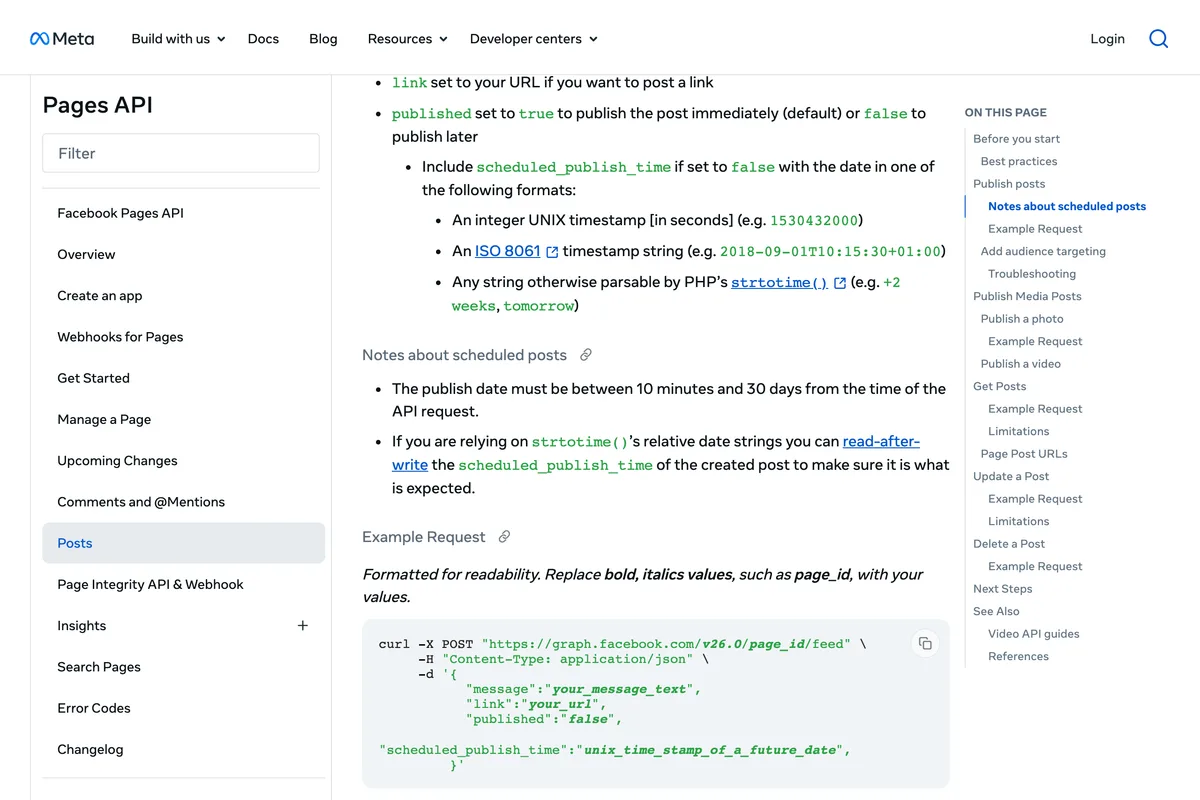 Meta for Developers Pages API documentation, Notes about scheduled posts: the publish date must be between 10 minutes and 30 days from the time of the API request