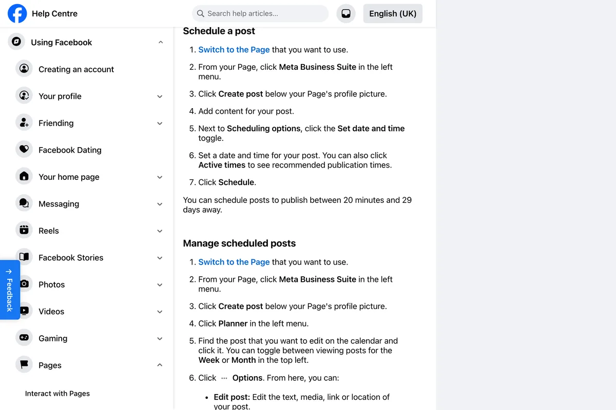 Facebook Help Centre steps to schedule a post on a Page through Meta Business Suite, ending with the line you can schedule posts to publish between 20 minutes and 29 days away