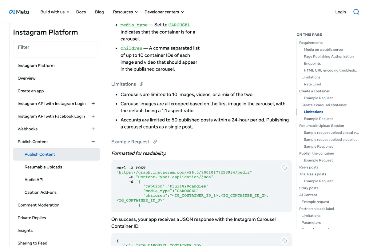 Meta for Developers Content Publishing page, carousel Limitations section, still saying accounts are limited to 50 published posts within a 24-hour period, publishing a carousel counts as a single post