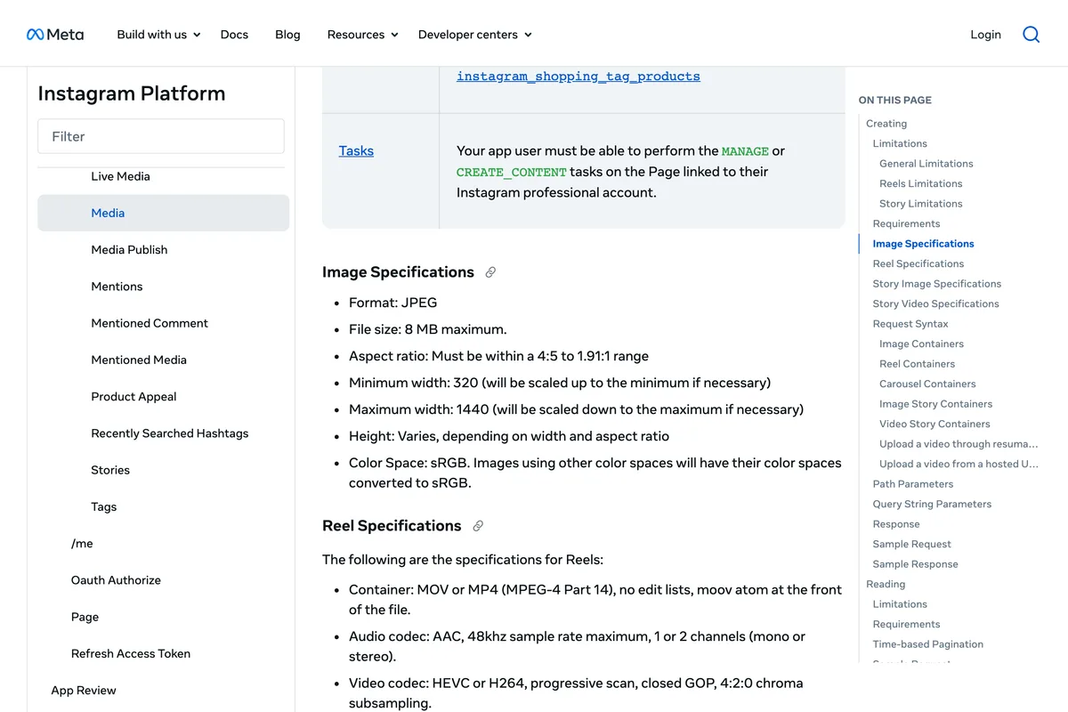 Meta for Developers page for the Instagram Platform, Image Specifications: format JPEG, file size 8 MB maximum, aspect ratio must be within a 4:5 to 1.91:1 range, minimum width 320, maximum width 1440