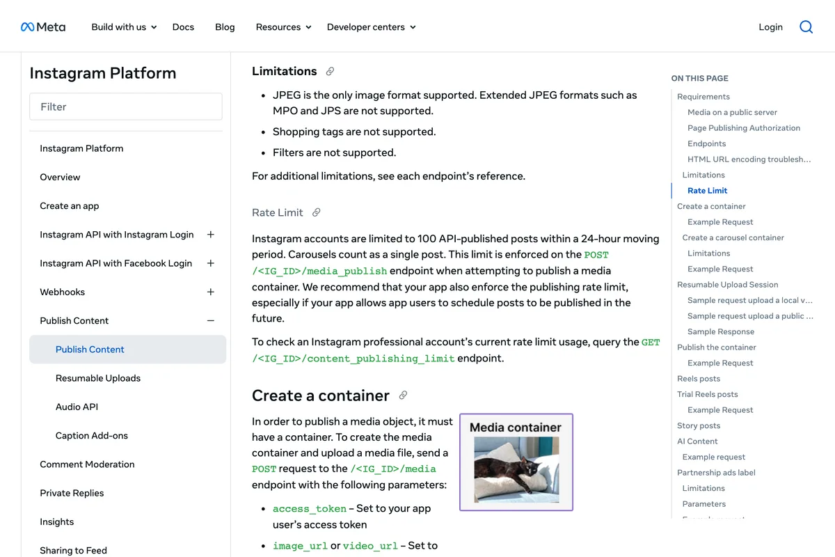 Meta's Content Publishing guide, Rate Limit section, saying Instagram accounts are limited to 100 API-published posts in a 24 hour moving period