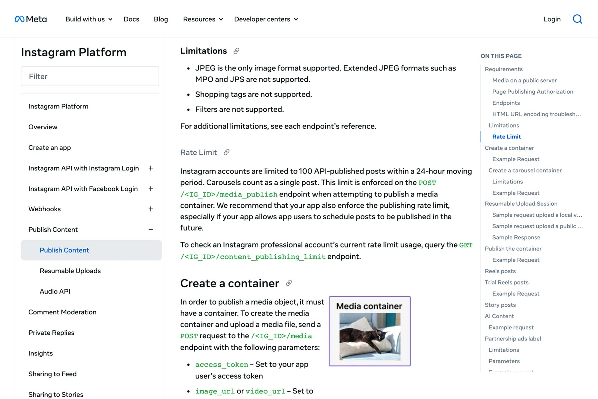 Meta for Developers Content Publishing page, Limitations and Rate Limit: JPEG is the only image format supported, and Instagram accounts are limited to 100 API-published posts within a 24 hour moving period
