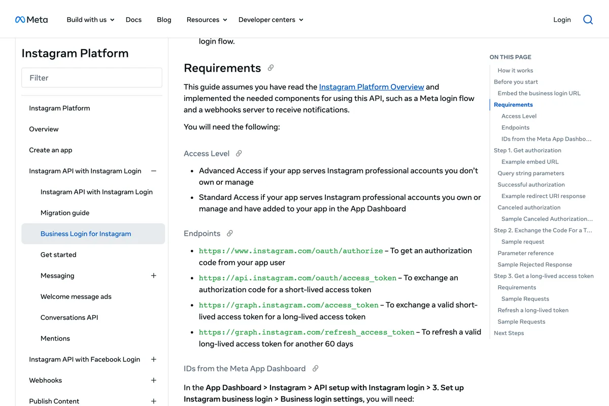 Meta for Developers Business Login for Instagram page, Requirements, Access Level: Advanced Access if your app serves accounts you don't own or manage, Standard Access if your app serves accounts you own or manage and have added to your app in the App Dashboard