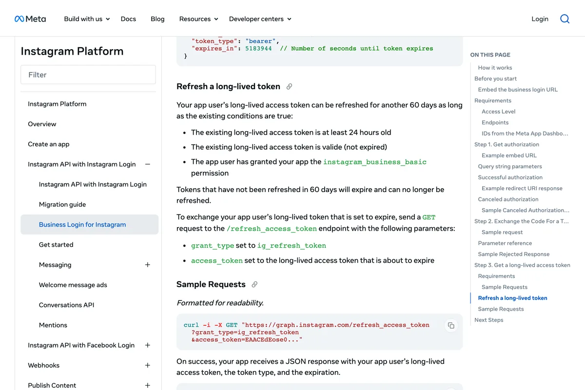 Meta for Developers page Refresh a long-lived token: refreshed for another 60 days as long as the existing token is at least 24 hours old and not expired, and tokens that have not been refreshed in 60 days will expire and can no longer be refreshed