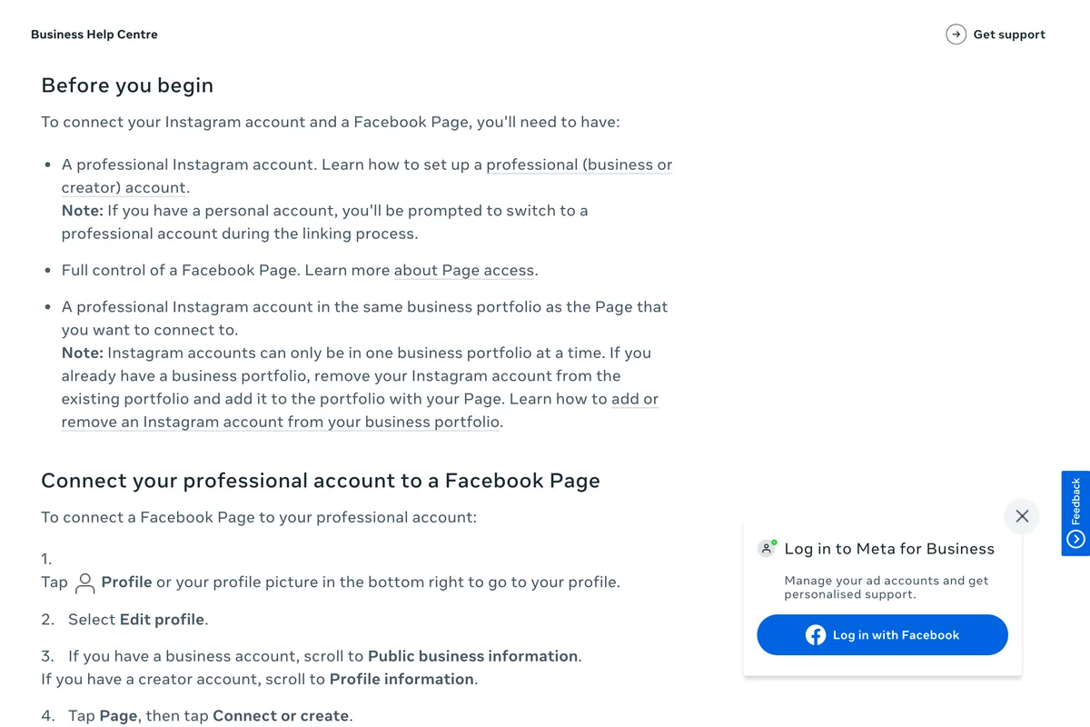 Meta Business Help Centre page on connecting a professional Instagram account to a Facebook Page, Before you begin: a professional Instagram account, full control of a Facebook Page, and a professional Instagram account in the same business portfolio as the Page, with the note that Instagram accounts can only be in one business portfolio at a time