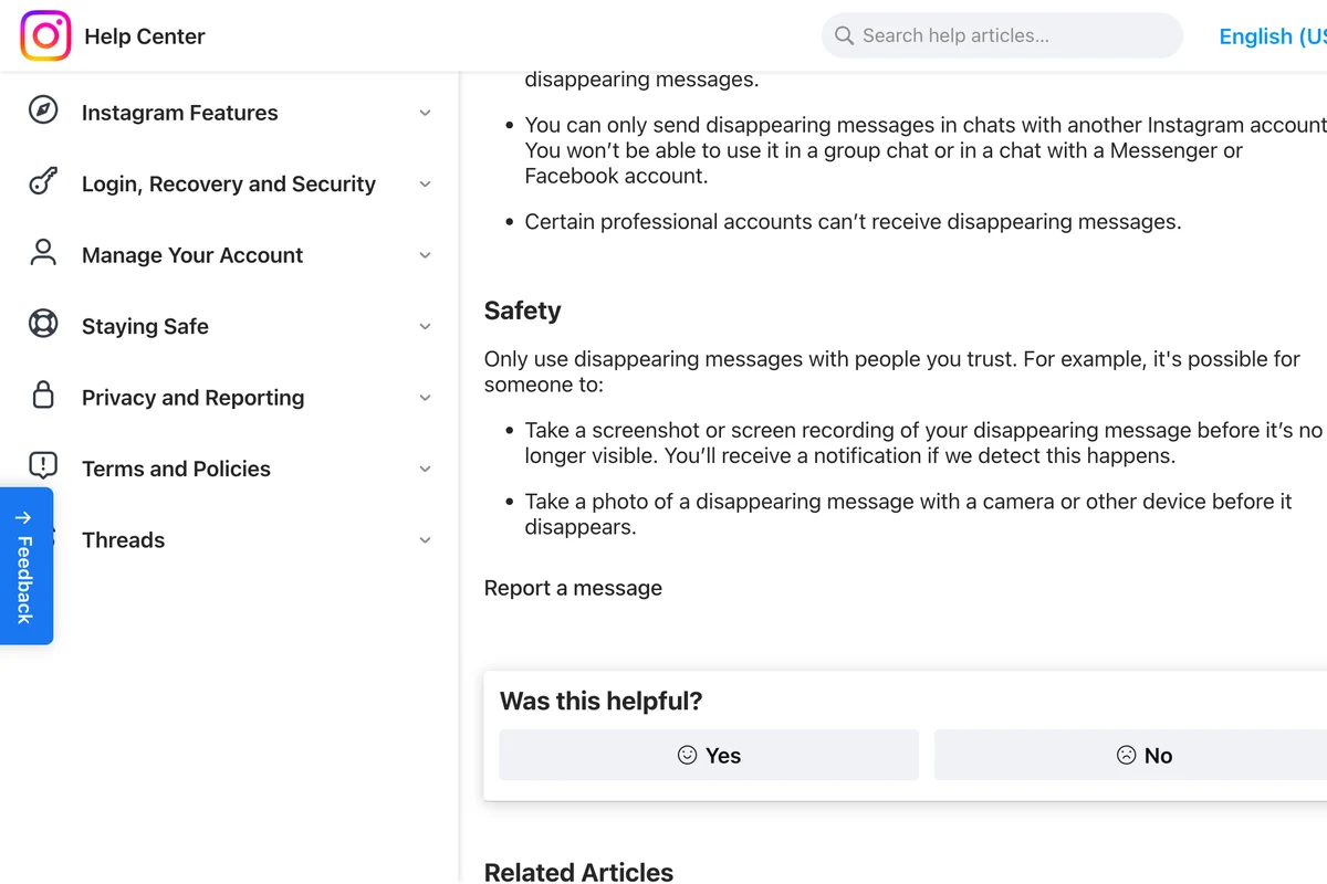 Instagram Help Center page About disappearing messages in Instagram chats, Safety section: someone can take a screenshot or screen recording of your disappearing message and you'll receive a notification if we detect this happens, or take a photo with a camera or other device