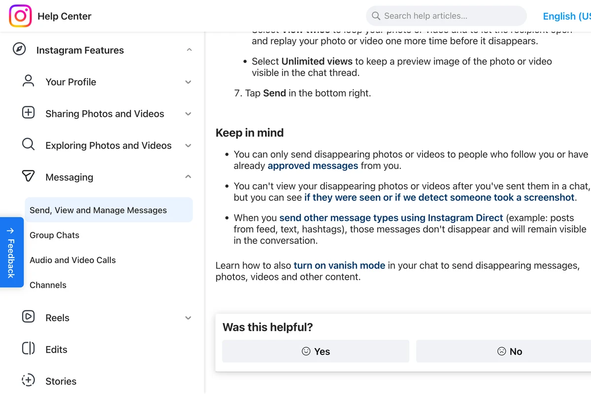 Instagram Help Center page Send disappearing photos or videos in chats on Instagram, Keep in mind section saying you can see if they were seen or if we detect someone took a screenshot