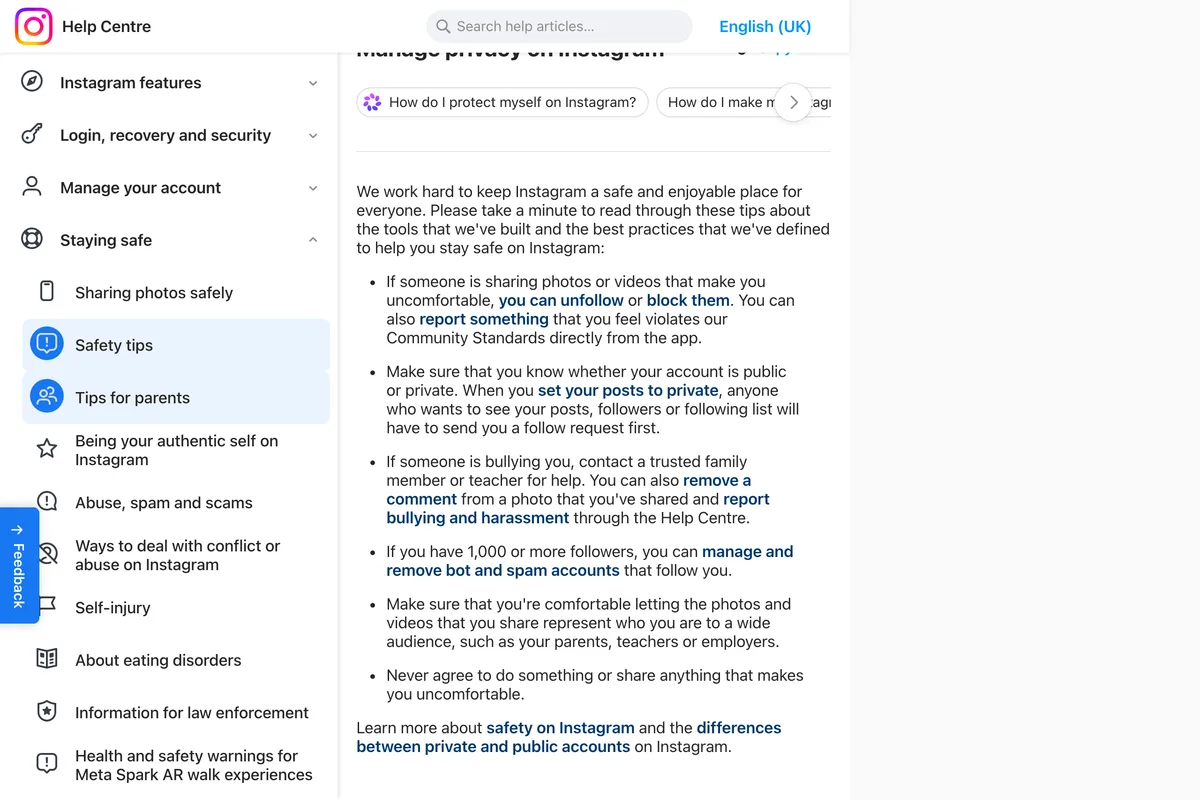 Instagram Help Centre page Manage privacy on Instagram, with the tip that when you set your posts to private, anyone who wants to see your posts, followers or following list will have to send you a follow request first