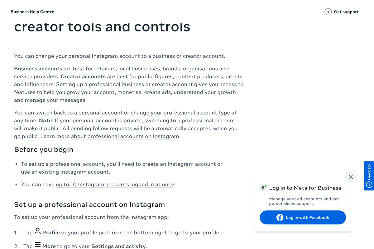 Meta Business Help Centre page on setting up a professional Instagram account, with the note that if your personal account is private, switching to a professional account will make it public and all pending follow requests will be accepted