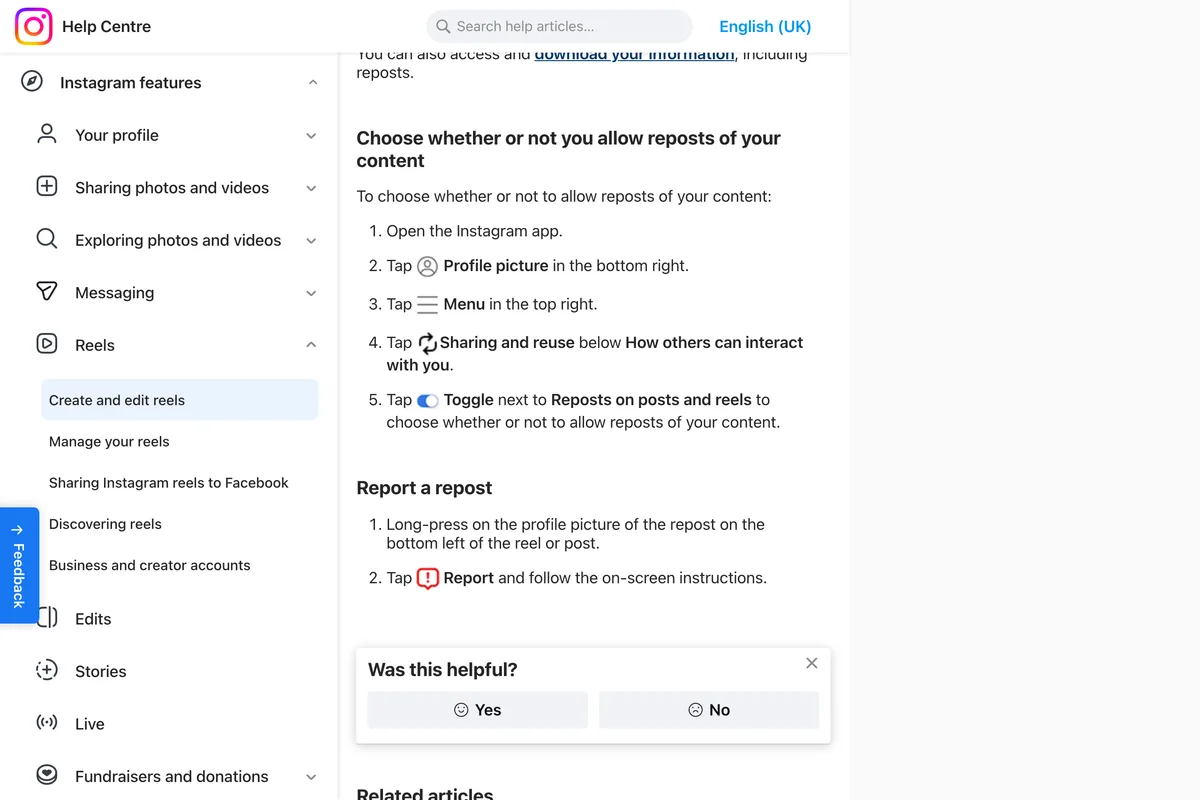 Instagram Help Center section Choose whether or not you allow reposts of your content: tap Profile picture, Menu, Sharing and reuse below How others can interact with you, then the toggle next to Reposts on posts and reels; below it, Report a repost by long pressing the profile picture on the repost