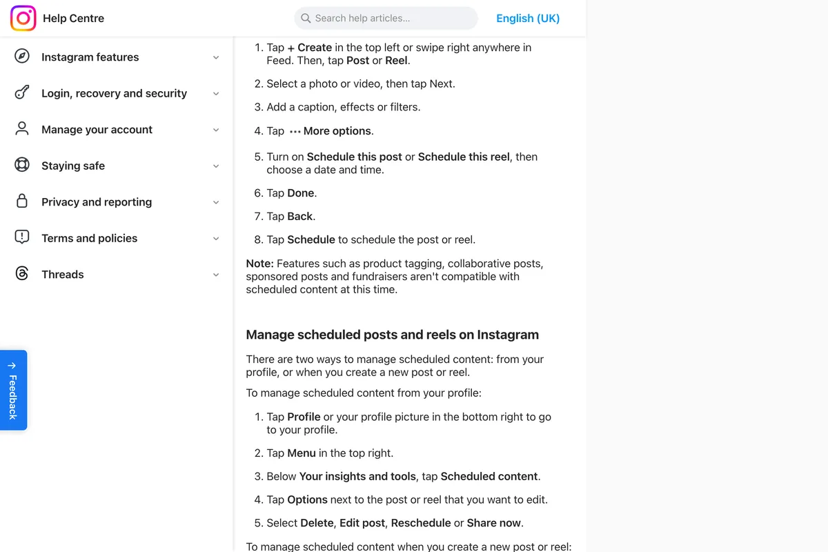 Instagram Help Centre steps to schedule a post or reel, followed by the note that features such as product tagging, collaborative posts, sponsored posts and fundraisers aren't compatible with scheduled content at this time