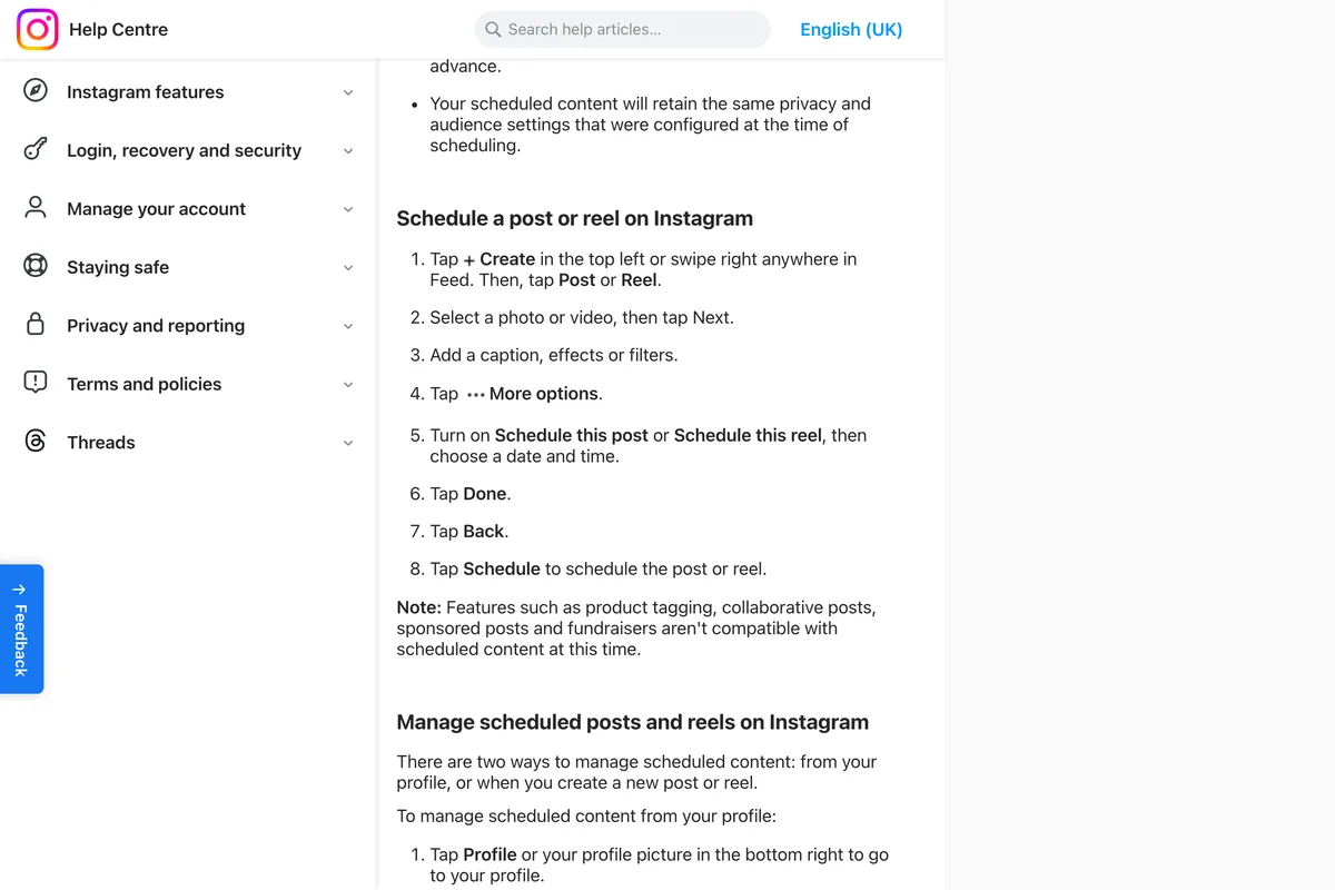 Instagram Help Centre steps to schedule a post or reel: tap Create, select a photo or video, add a caption, tap More options, turn on Schedule this post or Schedule this reel and choose a date and time, tap Done, Back, then Schedule