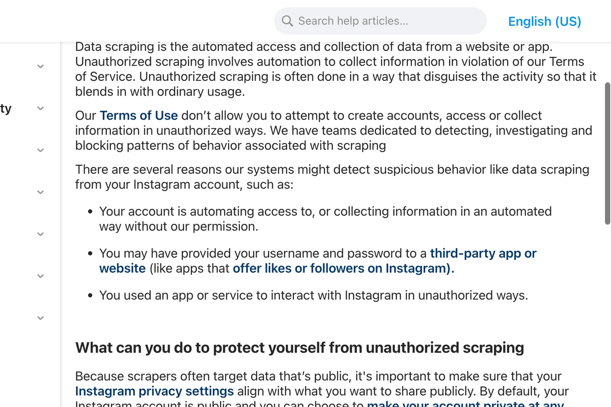Instagram Help Center page Why your account has been restricted for data scraping, listing reasons such as automating access, giving your username and password to a third-party app like apps that offer likes or followers, and using an app to interact with Instagram in unauthorized ways