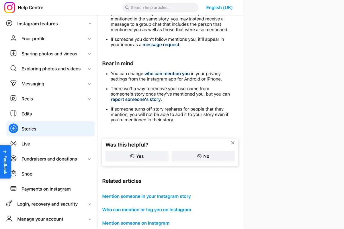 Instagram Help Center page on being mentioned in a story: a mention from someone you do not follow appears as a message request; and the note that if someone turns off story reshares for people that they mention, you will not be able to add it to your story even if you're mentioned in their story