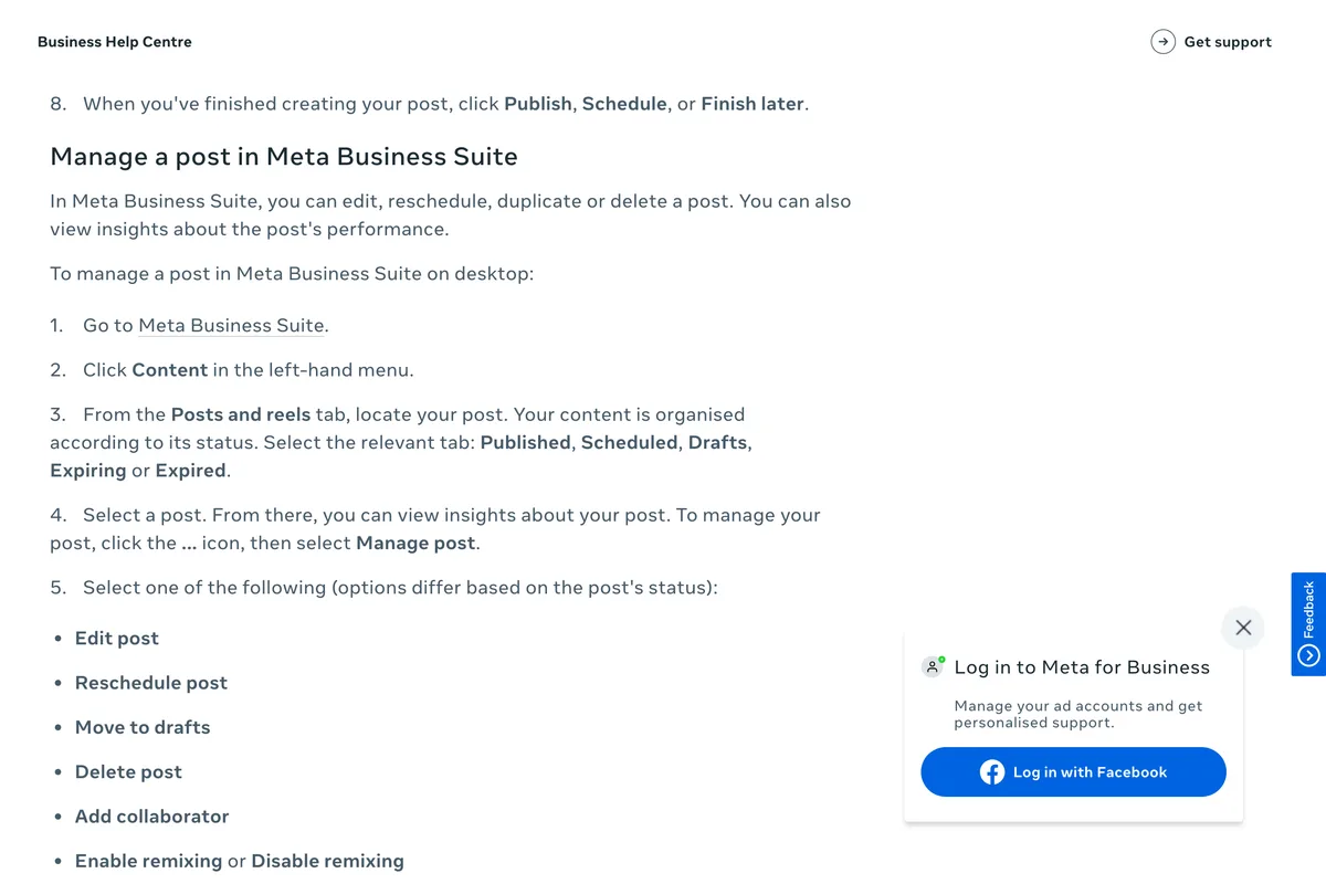 Meta Business Help Centre steps to manage a post in Meta Business Suite on desktop: click Content in the left-hand menu, then on the Posts and reels tab select Published, Scheduled, Drafts, Expiring or Expired, then click the three dots and Manage post to edit, reschedule, move to drafts or delete