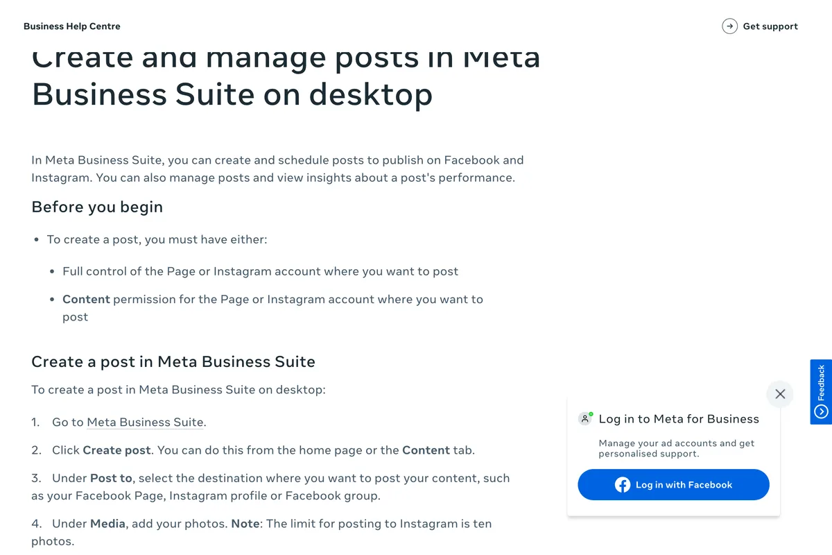 Meta Business Help Centre page Create and manage posts in Meta Business Suite on desktop, Before you begin: to create a post you must have either full control of the Page or Instagram account where you want to post, or content permission for it