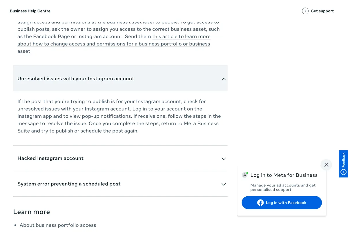 Meta Business Help Centre troubleshooting page with the section Unresolved issues with your Instagram account open, telling you to log in to the Instagram app, look for pop-up notifications and follow the steps, then return to Meta Business Suite
