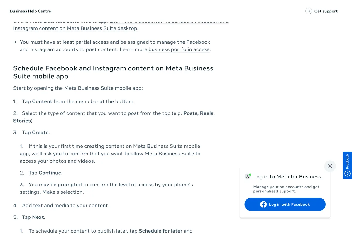 Meta Business Help Centre page Schedule Facebook and Instagram content on Meta Business Suite mobile app, with the step select the type of content that you want to post from the top, for example Posts, Reels, Stories