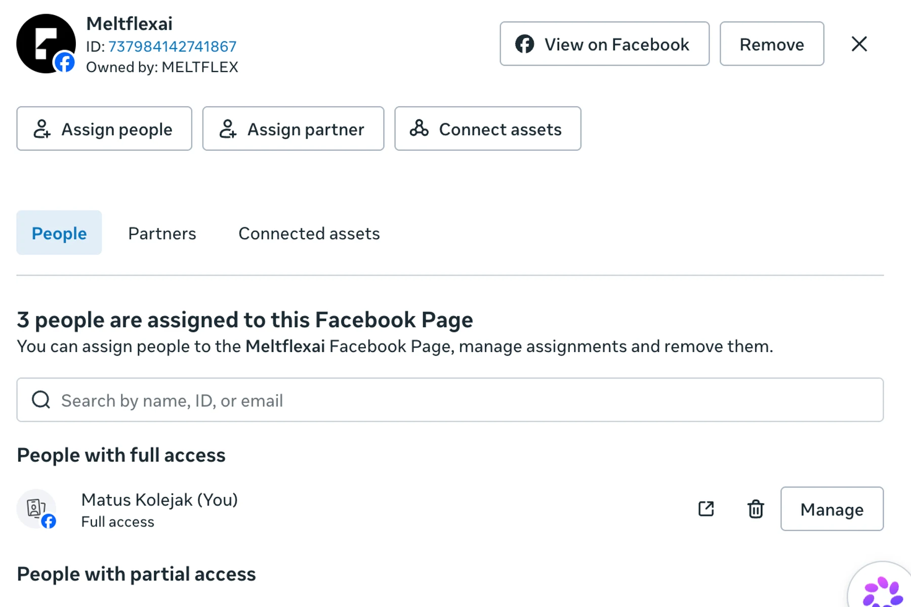 Meta Business Suite settings for a Facebook Page owned by a business portfolio, with buttons Assign people, Assign partner and Connect assets, tabs People, Partners and Connected assets, the line 3 people are assigned to this Facebook Page, and one person listed under People with full access