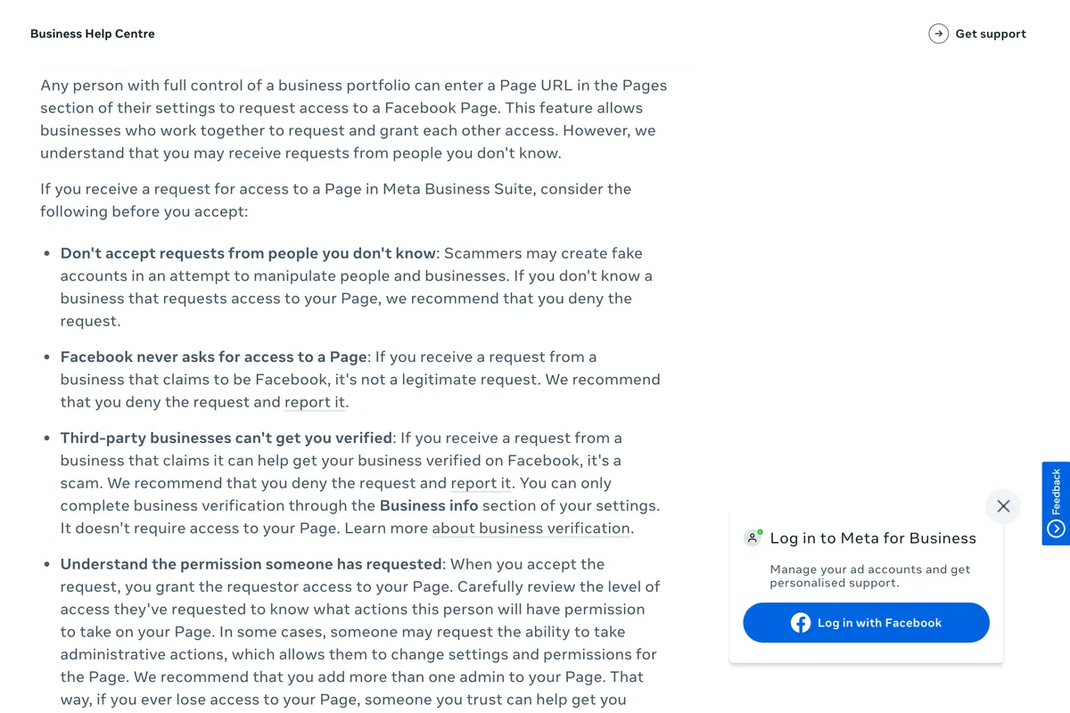 Meta Business Help Centre page Best practices for giving people access to your Page: don't accept requests from people you don't know, Facebook never asks for access to a Page, third-party businesses can't get you verified, understand the permission someone has requested, and the recommendation to add more than one admin