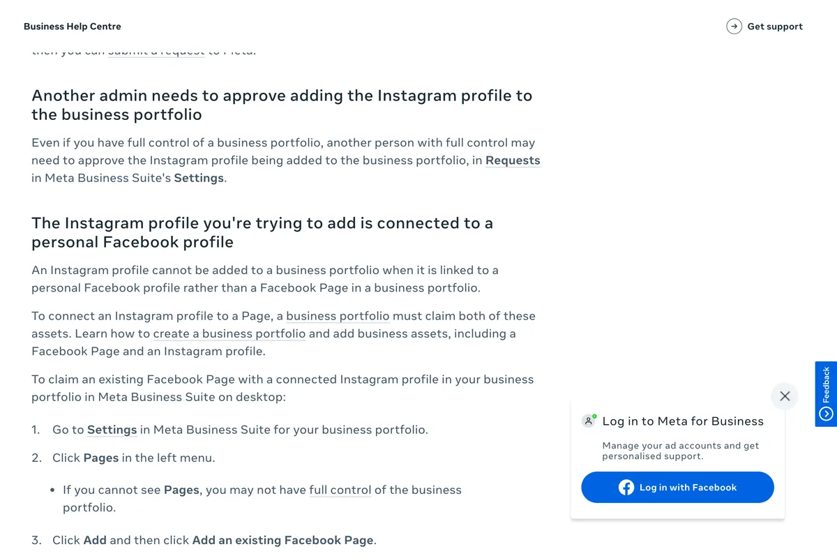 Meta Business Help Centre page explaining that an Instagram profile cannot be added to a business portfolio when it is linked to a personal Facebook profile rather than a Facebook Page in a business portfolio, followed by the steps to claim a Page