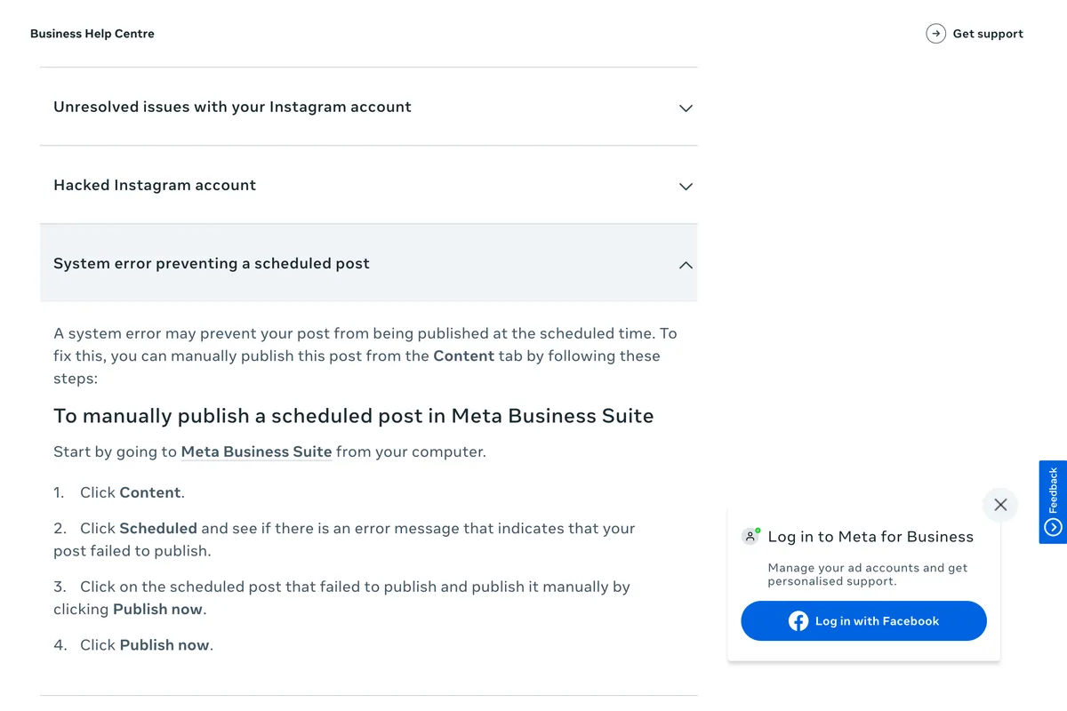 Meta Business Help Centre section System error preventing a scheduled post, opened, with the steps to manually publish a scheduled post: click Content, click Scheduled and look for an error message, click the post that failed and publish it by clicking Publish now