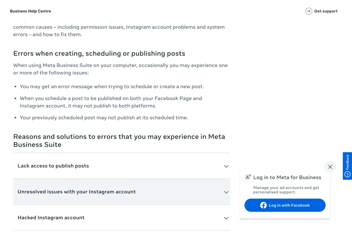 Meta Business Help Centre page listing errors when creating, scheduling or publishing posts, and the four reasons: lack access to publish posts, unresolved issues with your Instagram account, hacked Instagram account, and system error preventing a scheduled post