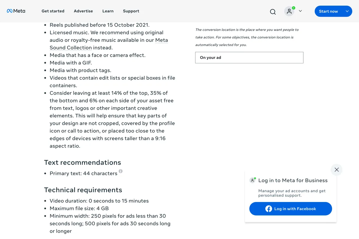 Meta's Ads Guide page for Instagram Reels ads, with the line: Consider leaving at least 14% of the top, 35% of the bottom and 6% on each side of your asset free from text, logos or other important creative elements