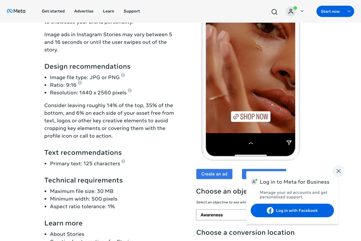 Meta's Ads Guide page for Instagram Stories image ads, with the line: Consider leaving roughly 14% of the top, 35% of the bottom, and 6% on each side of your asset free from text, logos or other key creative elements
