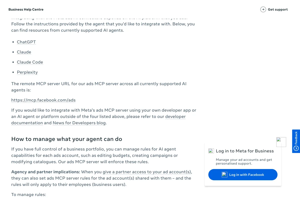Meta Business Help Centre page on managing ads from an AI agent, listing ChatGPT, Claude, Claude Code and Perplexity as supported agents and giving the remote MCP server URL https://mcp.facebook.com/ads