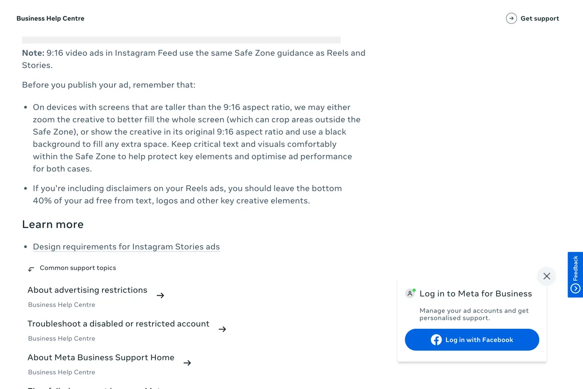 Meta Business Help Center page on text overlays and safe zones, with the line: If you're including disclaimers on your Reels ads, you should leave the bottom 40% of your ad free from text, logos and other key creative elements