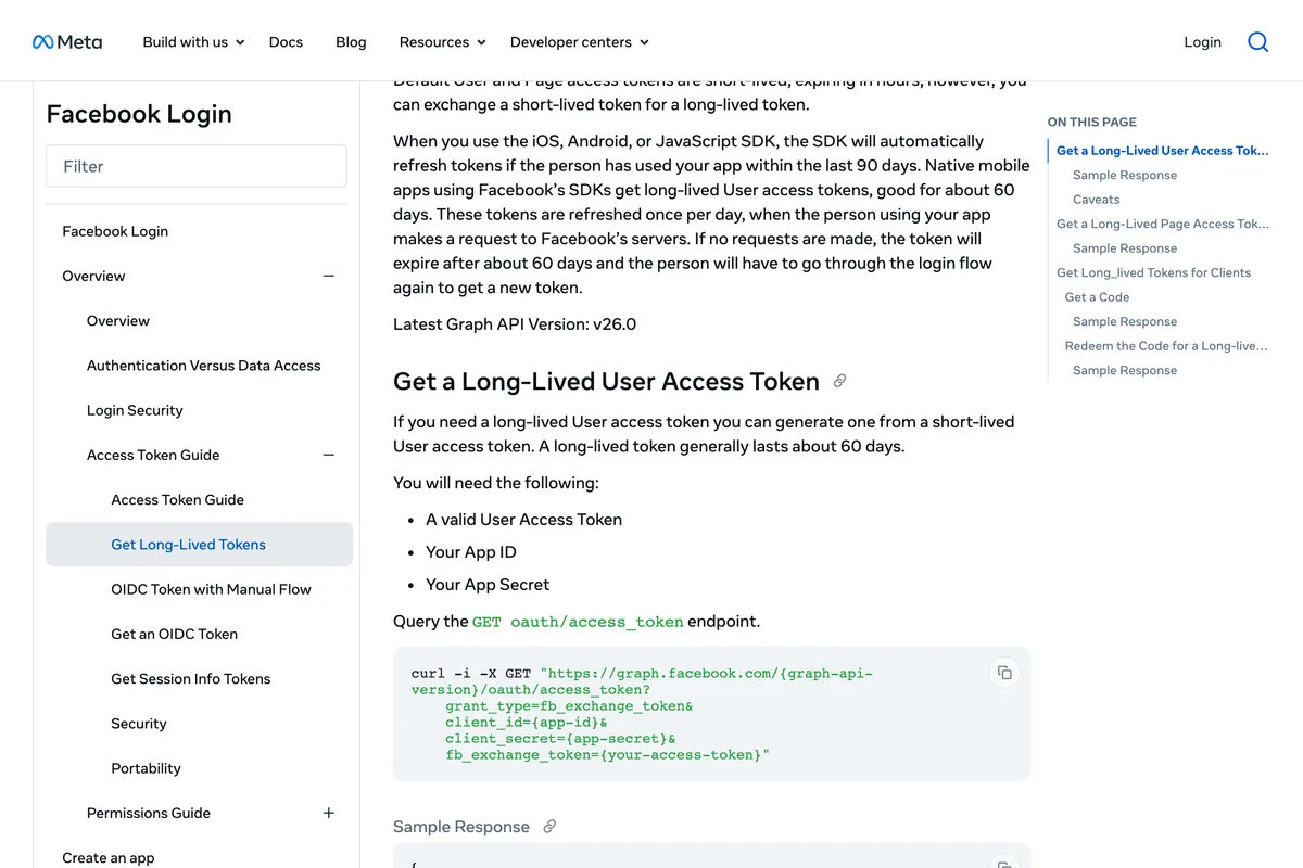 Meta for Developers page Get Long-Lived Access Tokens, saying a long-lived token generally lasts about 60 days, and that tokens not refreshed expire and the person has to go through the login flow again