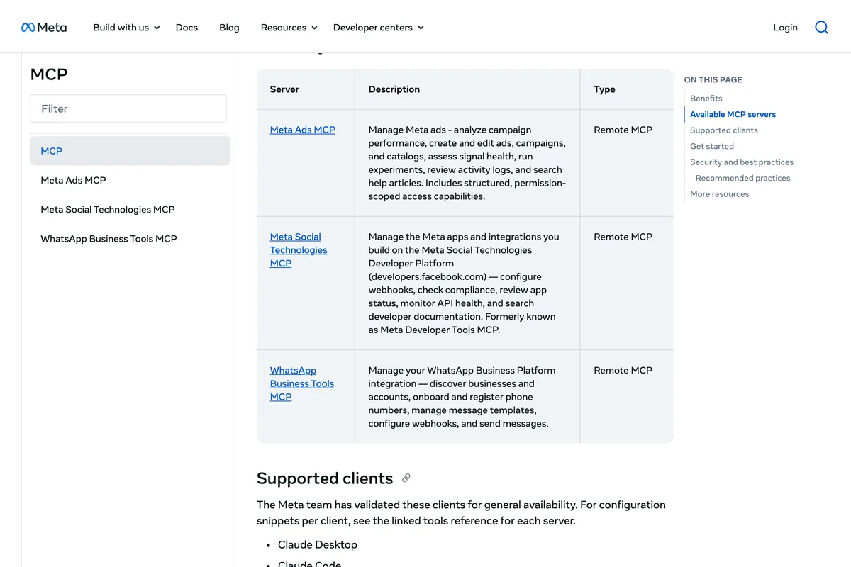 Meta for Developers MCP page, Available MCP servers table: Meta Ads MCP, Meta Social Technologies MCP formerly known as Meta Developer Tools MCP, and WhatsApp Business Tools MCP, each a remote MCP, followed by Supported clients