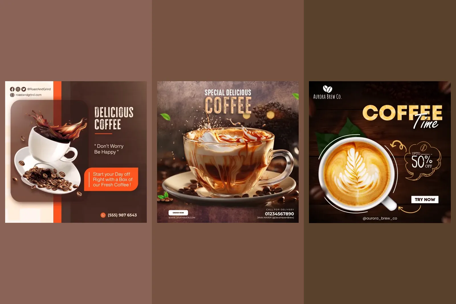 Three finished coffee shop posts from our gallery, each with a photo of a drink and the offer set as type inside the image