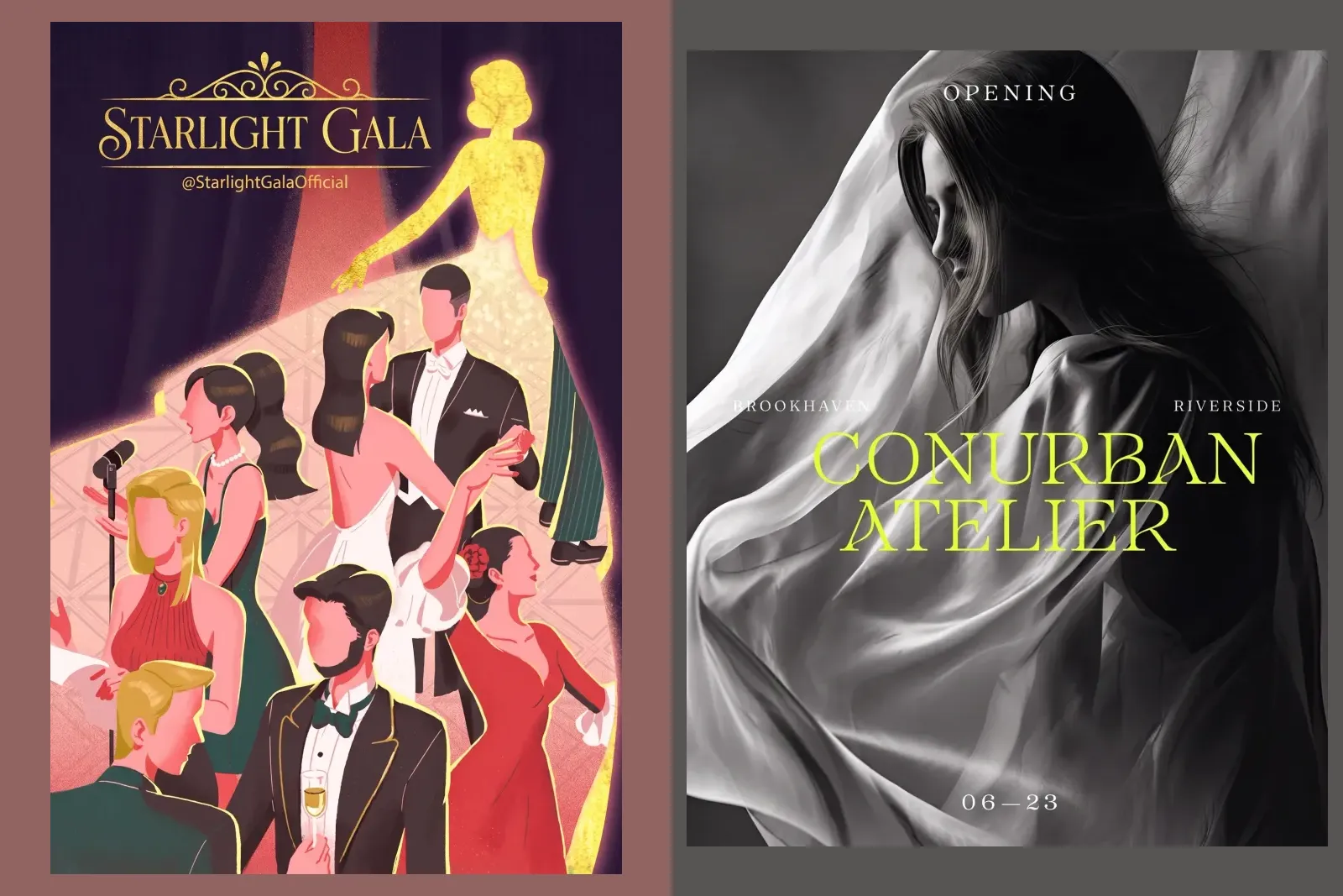 Two finished event posts, an illustrated gala evening and a black and white announcement of a fashion atelier opening