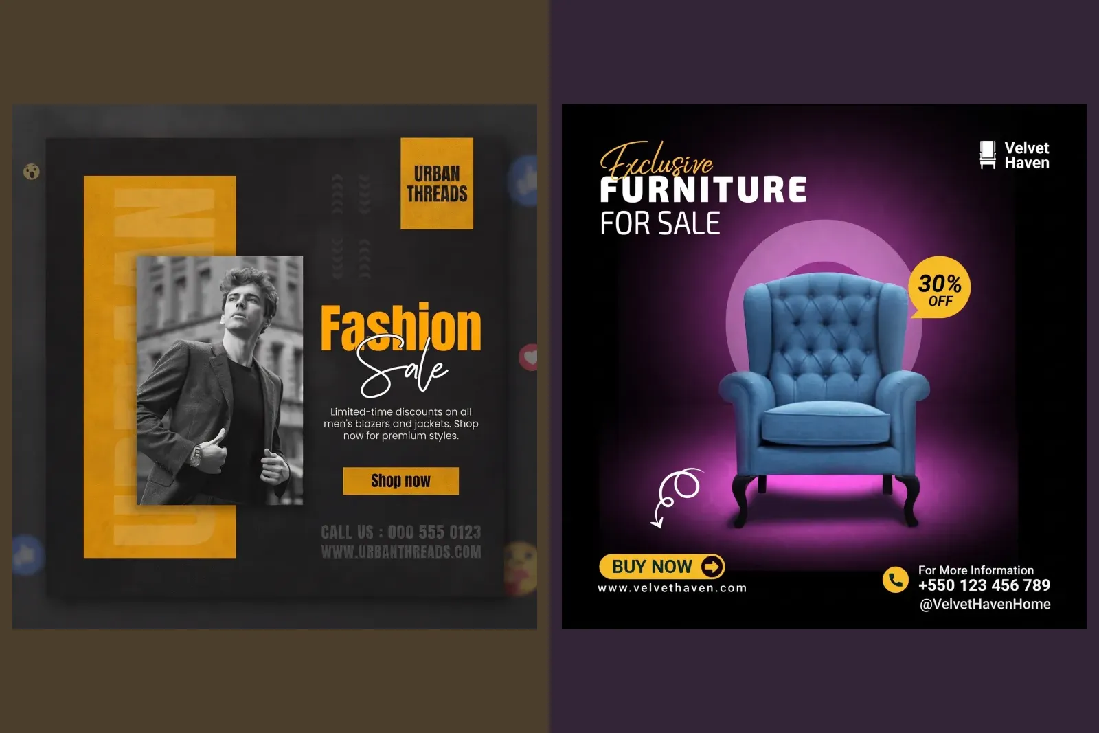 Two finished sale posts, a fashion sale with a model in a blazer and an exclusive furniture sale showing a blue armchair