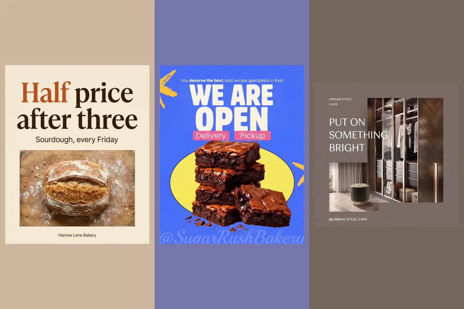 Three finished small business posts from our gallery: a half price sourdough offer, a bakery announcing it is open, and a bright fashion post