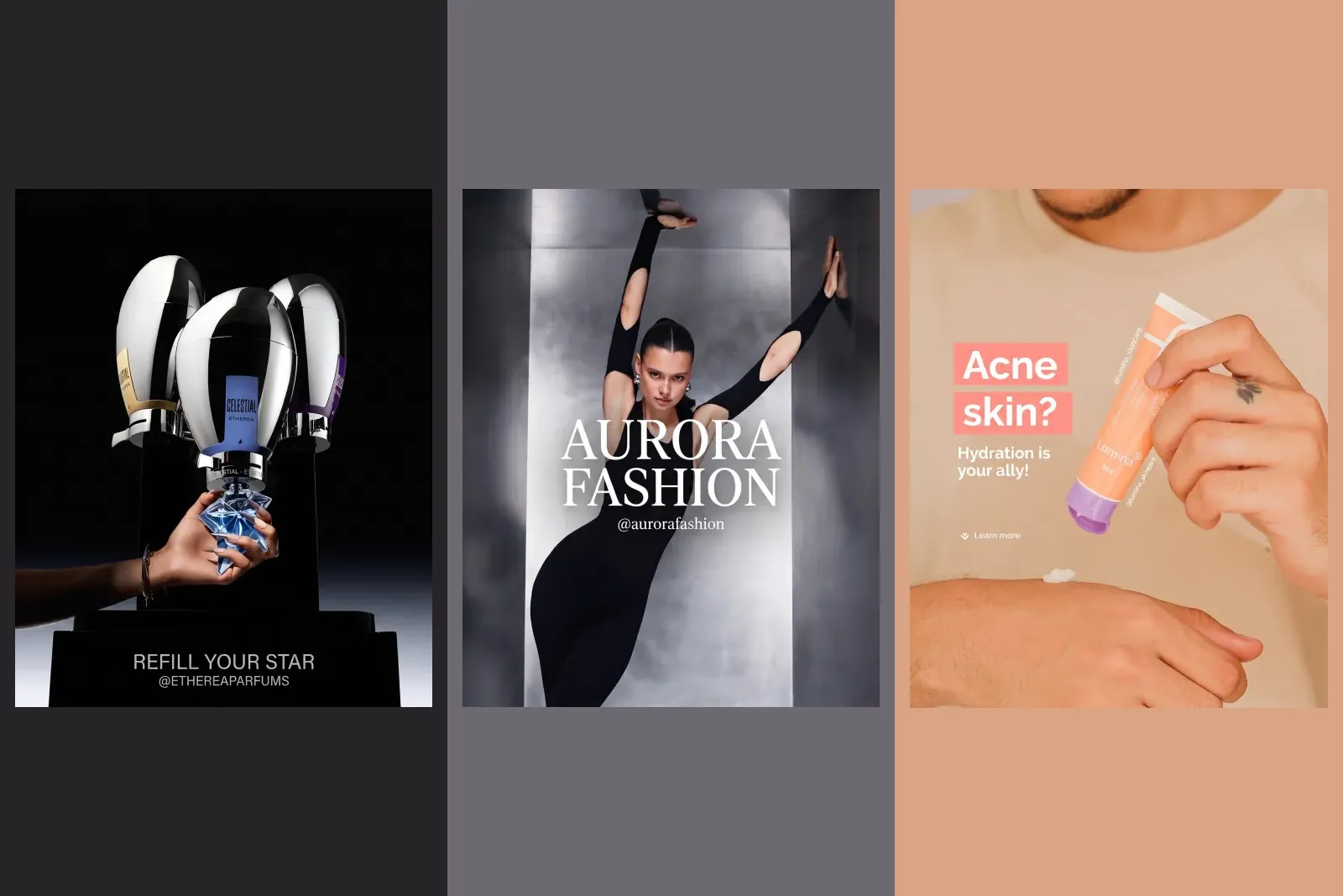 Three finished 4:5 brand posts from our gallery, a perfume refill offer, a fashion post and a skincare post, each a single image with the headline set inside it