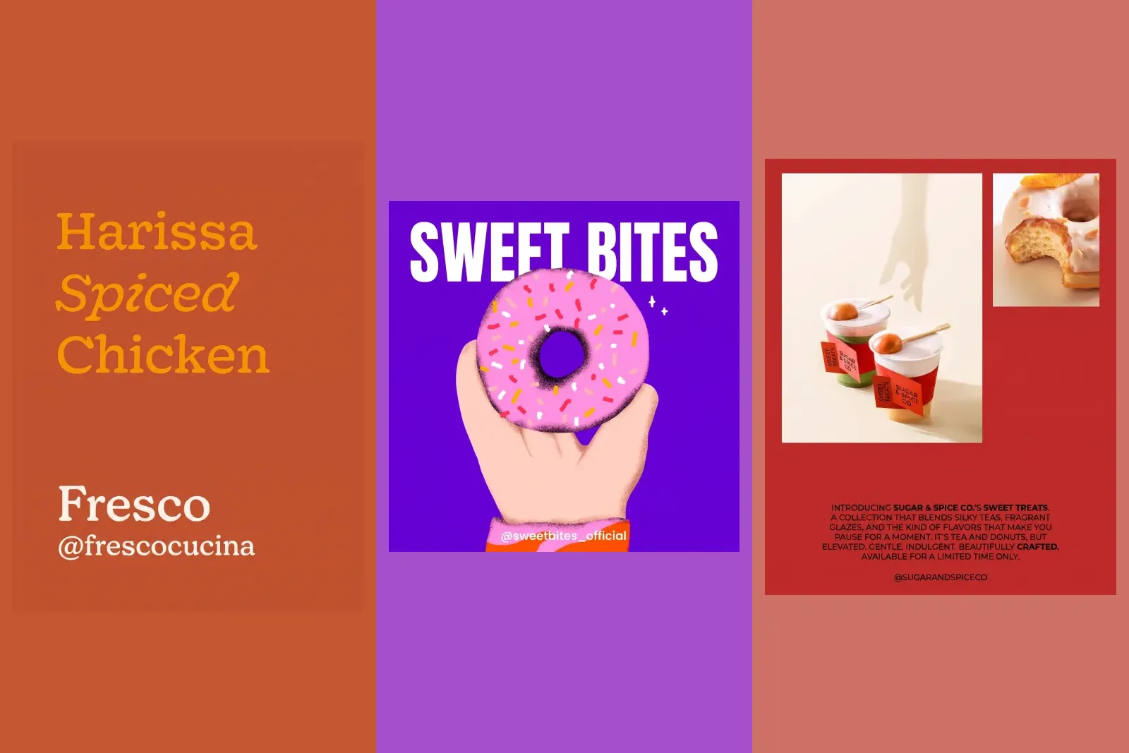 Three finished feed posts from our gallery, each a single JPEG with the headline set inside the image