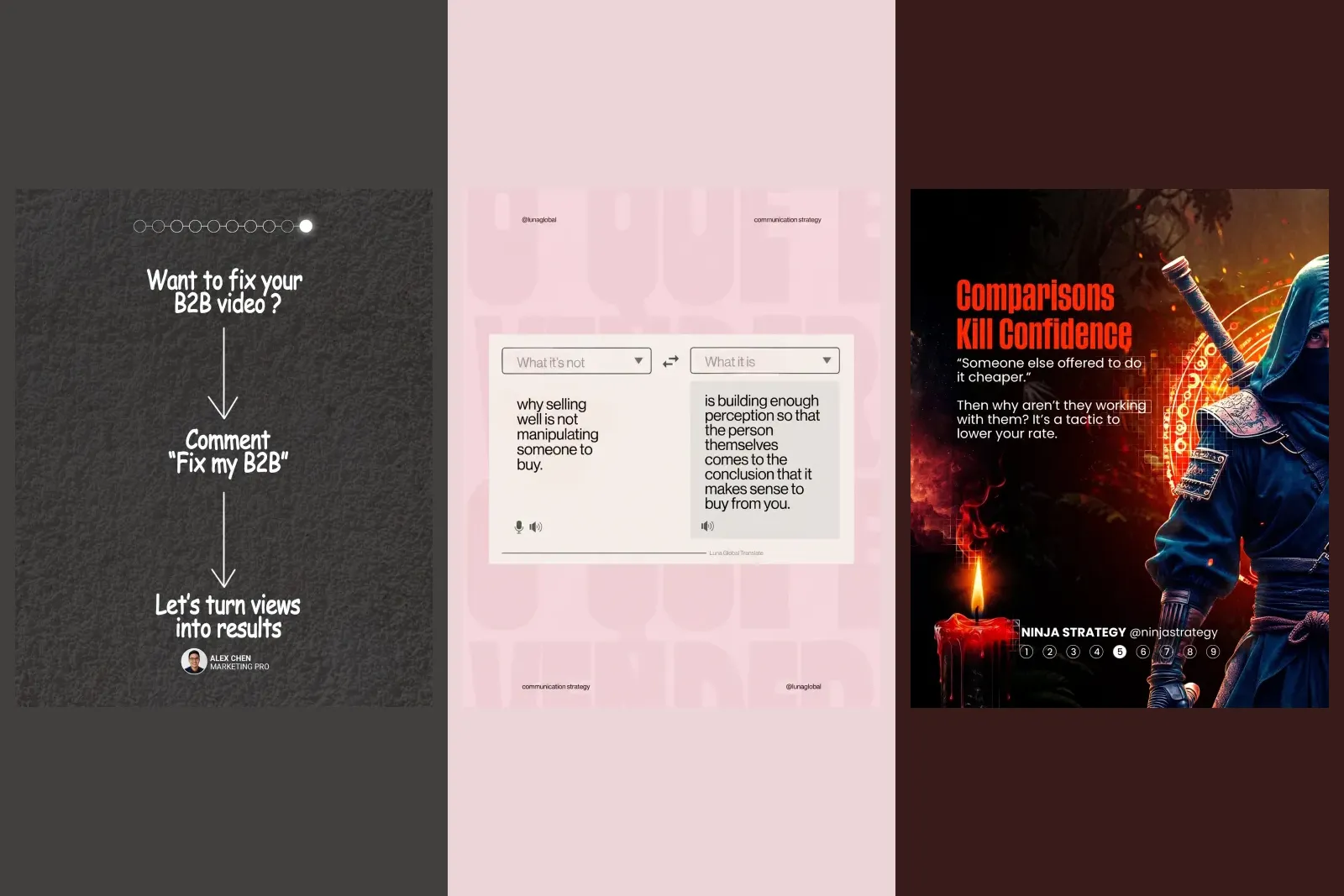Three finished 4:5 business posts from our gallery, each a single image with the message set inside it