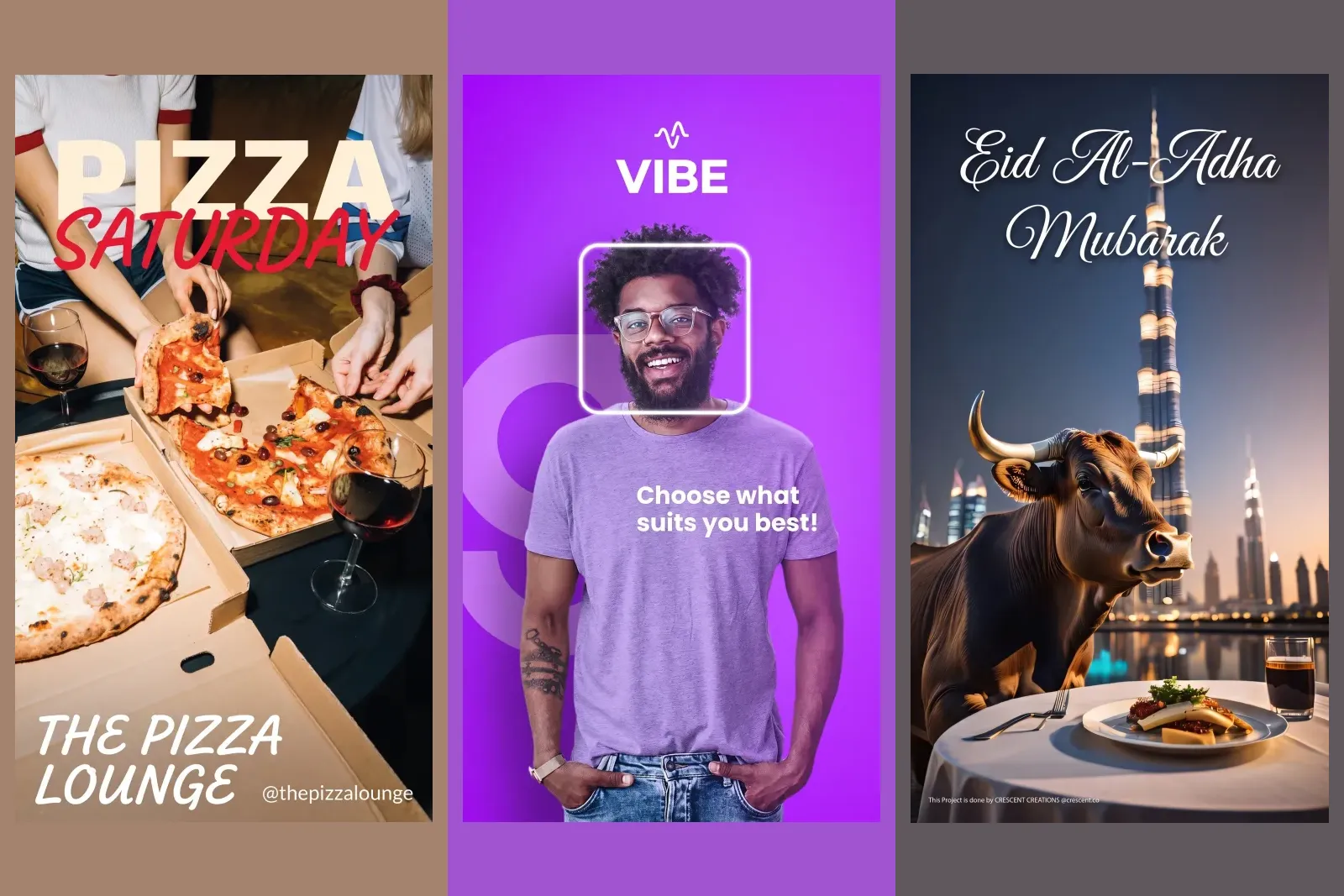 Three finished 9:16 business posts from our gallery, each a single vertical image with the message set inside it