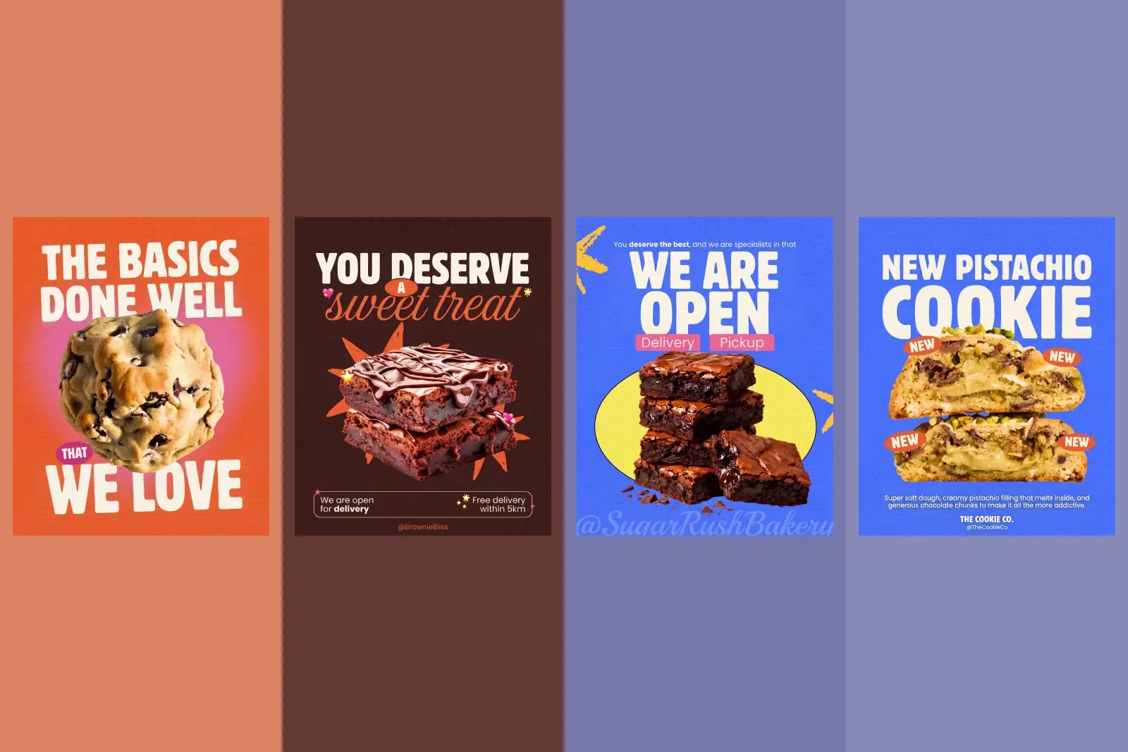 Four finished bakery posts from our gallery: a basics done well cookie post, a brownie offer, a we are open brownie post and a new pistachio cookie launch