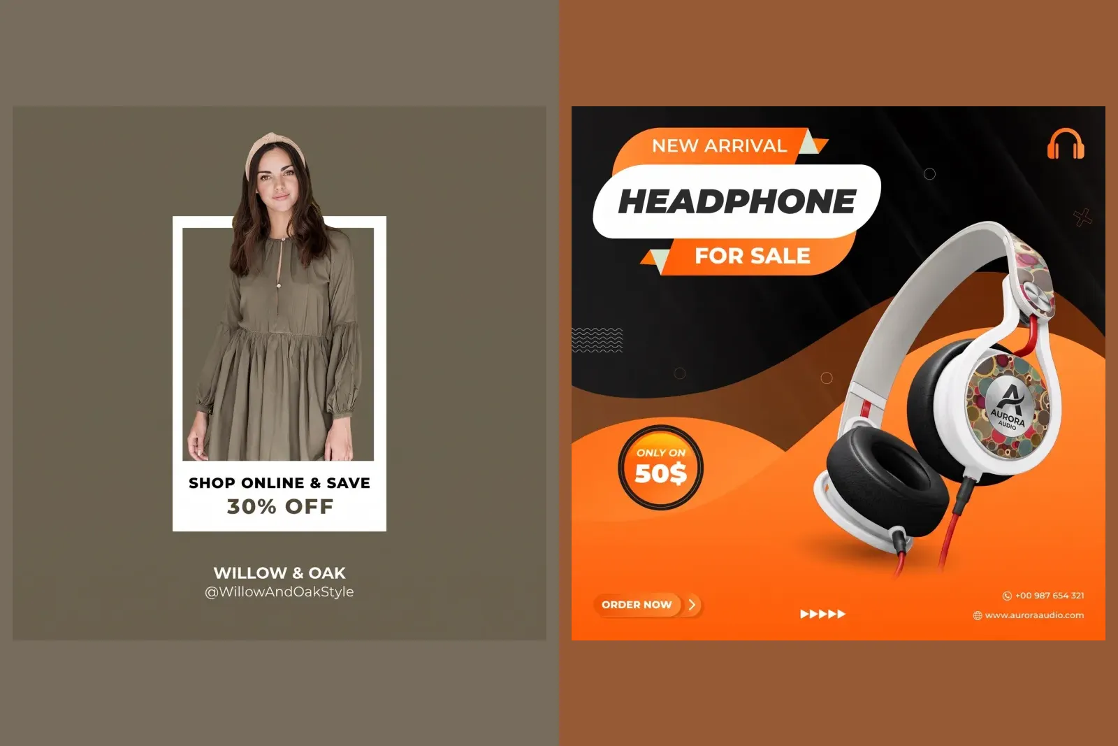 Two finished offer posts from our gallery: a fashion shop's shop online and save 30 percent post and a headphones for sale post with a 50 dollar price