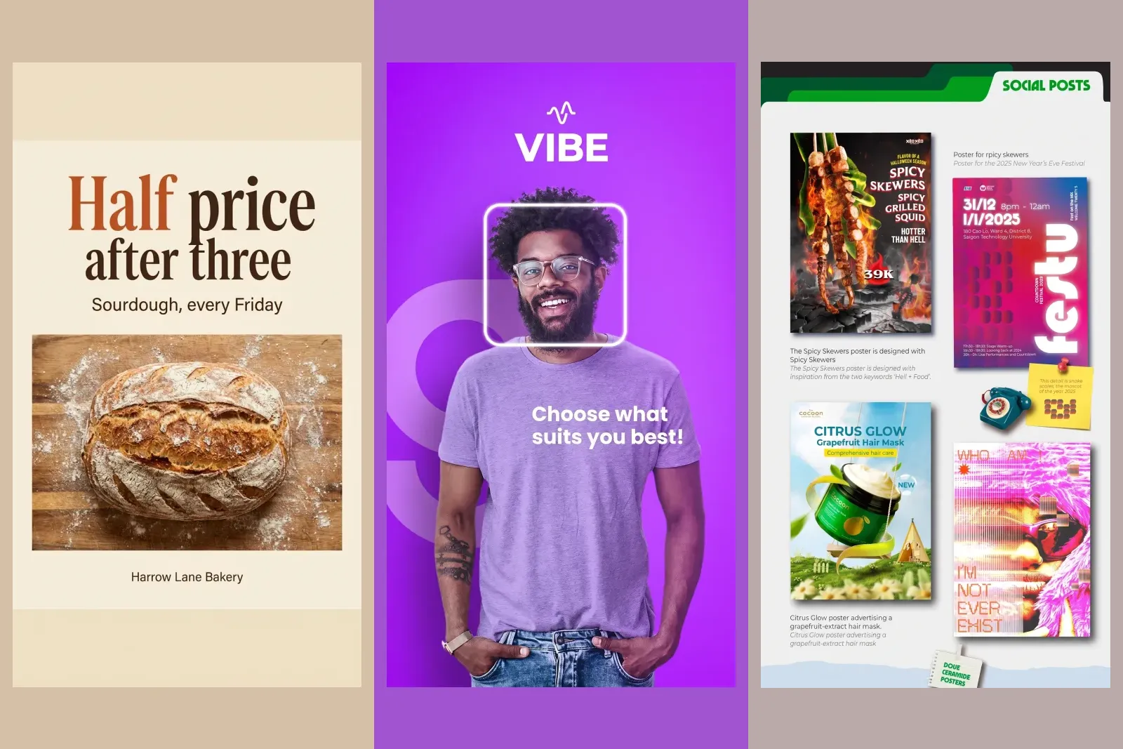 Three finished 9:16 posts from our gallery, the shape of an Instagram story: a bakery's half price sourdough offer, an app promotion with a smiling man and a restaurant's spicy skewers