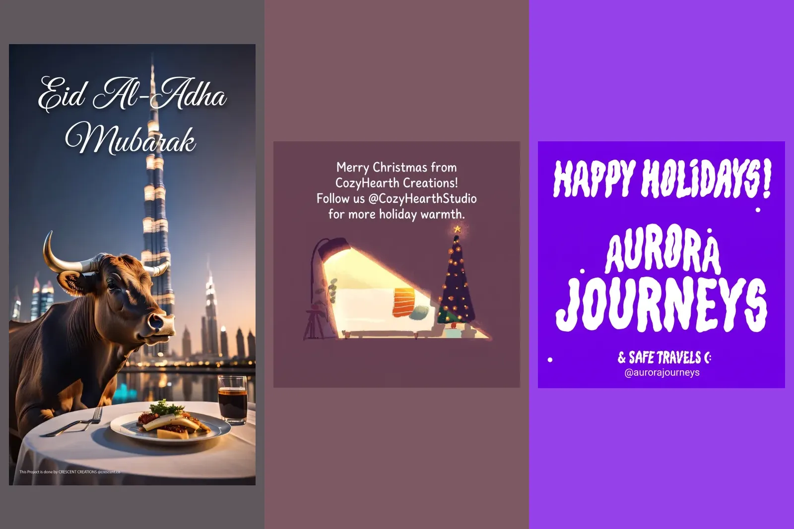 Three finished festival greetings from businesses in our gallery: an Eid al-Adha Mubarak post, a Merry Christmas post from a homeware studio and a Happy Holidays post from a travel agency
