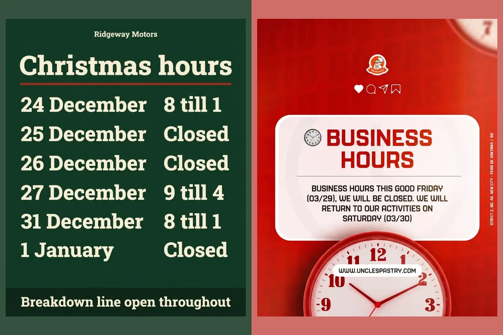 Two finished opening hours posts from our gallery: a garage's Christmas hours as a table of dates, and a pastry shop's holiday business hours notice
