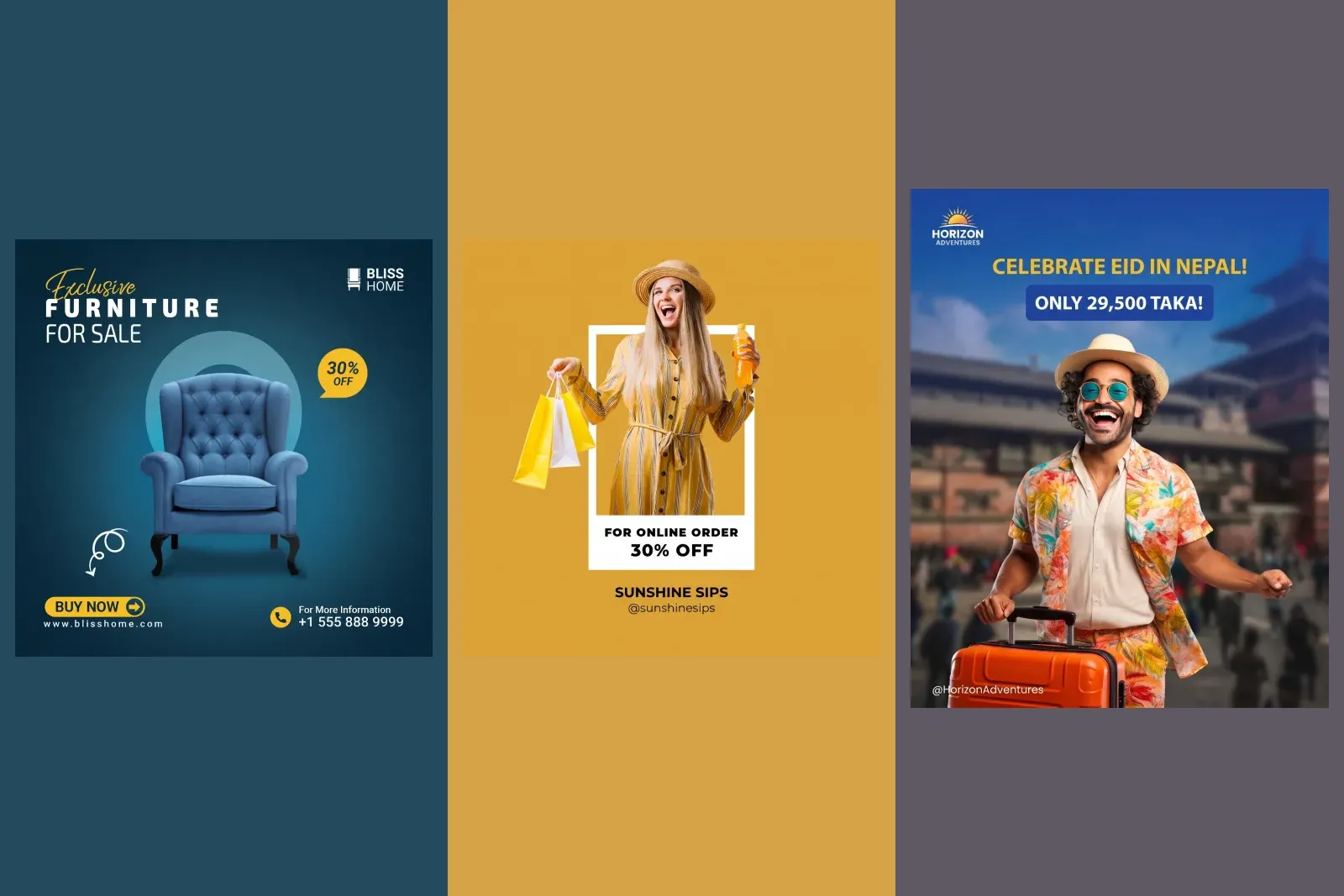 Three finished sale posts from our gallery: an armchair at 30 percent off, a drinks brand's online order discount and a travel agency's Eid trip priced in taka