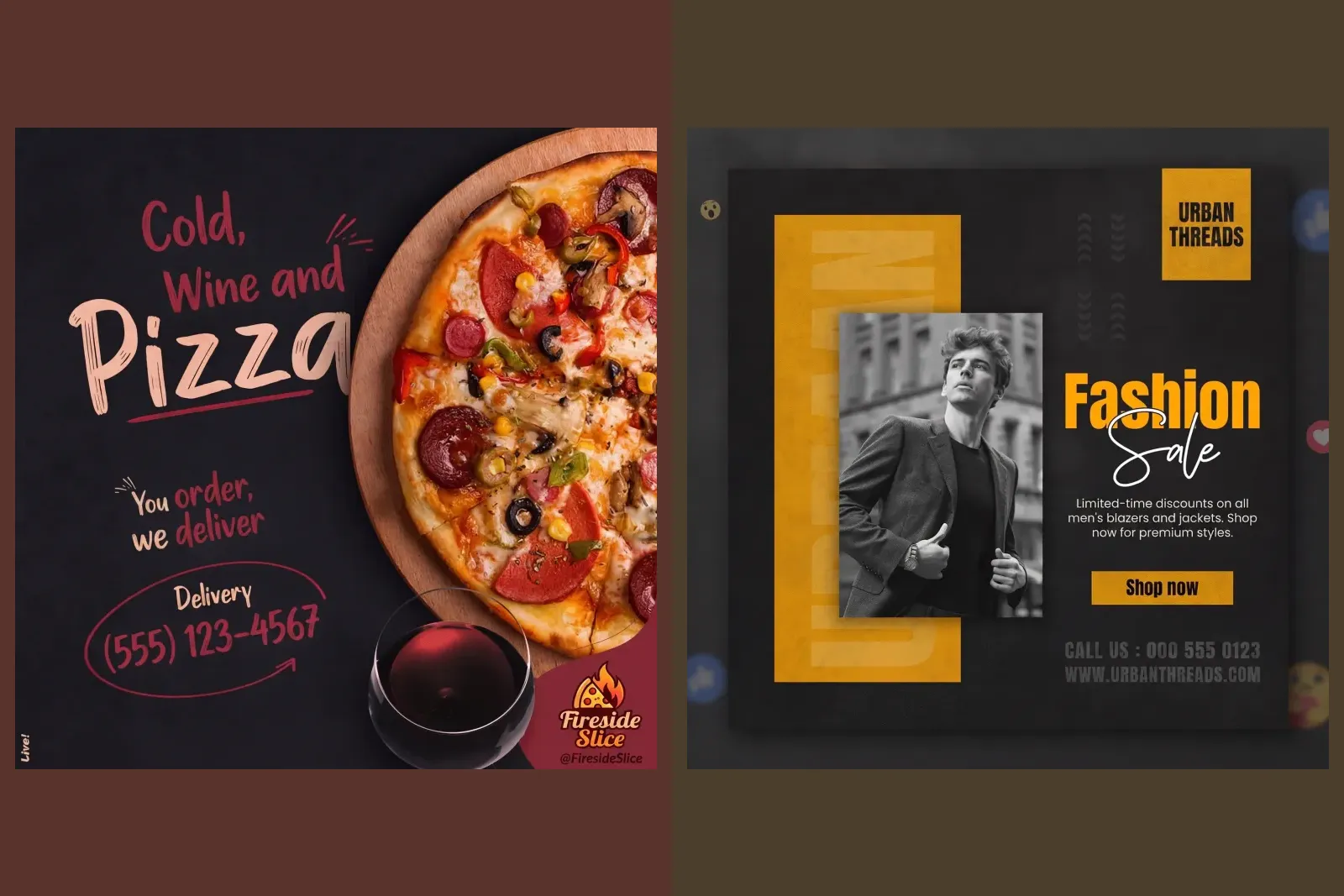 Two finished posts from our gallery with a phone number set as part of the design: a pizza delivery post and a fashion sale post