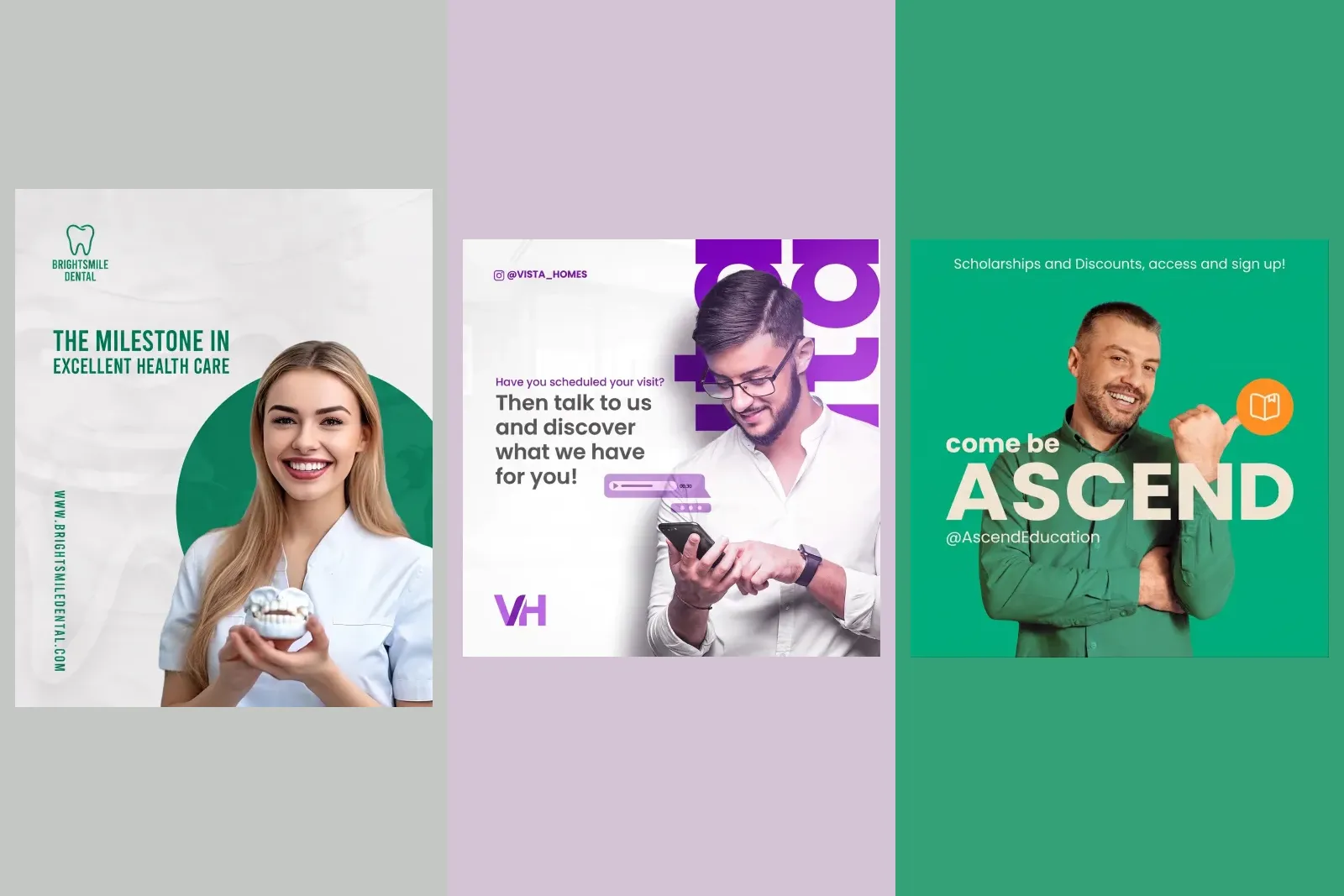 Three finished posts from small businesses where a real person is the message: a dentist holding a dental model, an estate agent looking at his phone and a course provider pointing at an offer