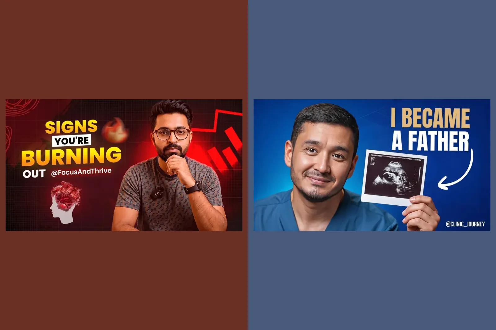 Two finished YouTube thumbnails from our gallery, each a host's face beside a few large words: Signs you're burning out, and I became a father